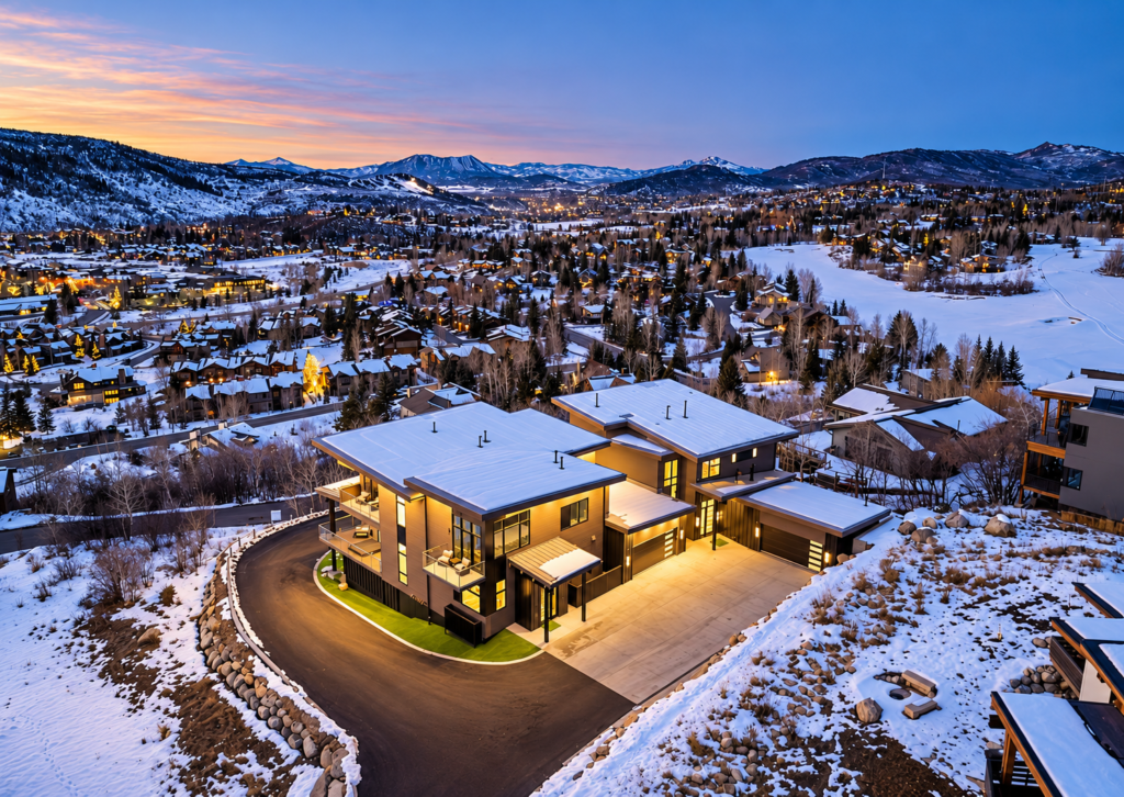 Aerial view of a modern luxury duplex in Steamboat Springs, Colorado, featuring contemporary flat roofs, illuminated interiors, and a snow-covered mountain neighborhood at dusk.
