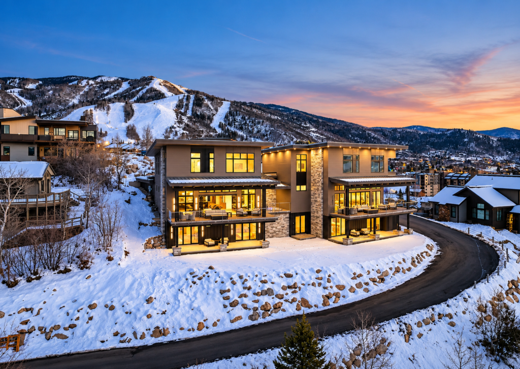Modern luxury duplex in Steamboat Springs, Colorado, featuring illuminated interiors, expansive windows, and snow-covered mountain surroundings at sunset.