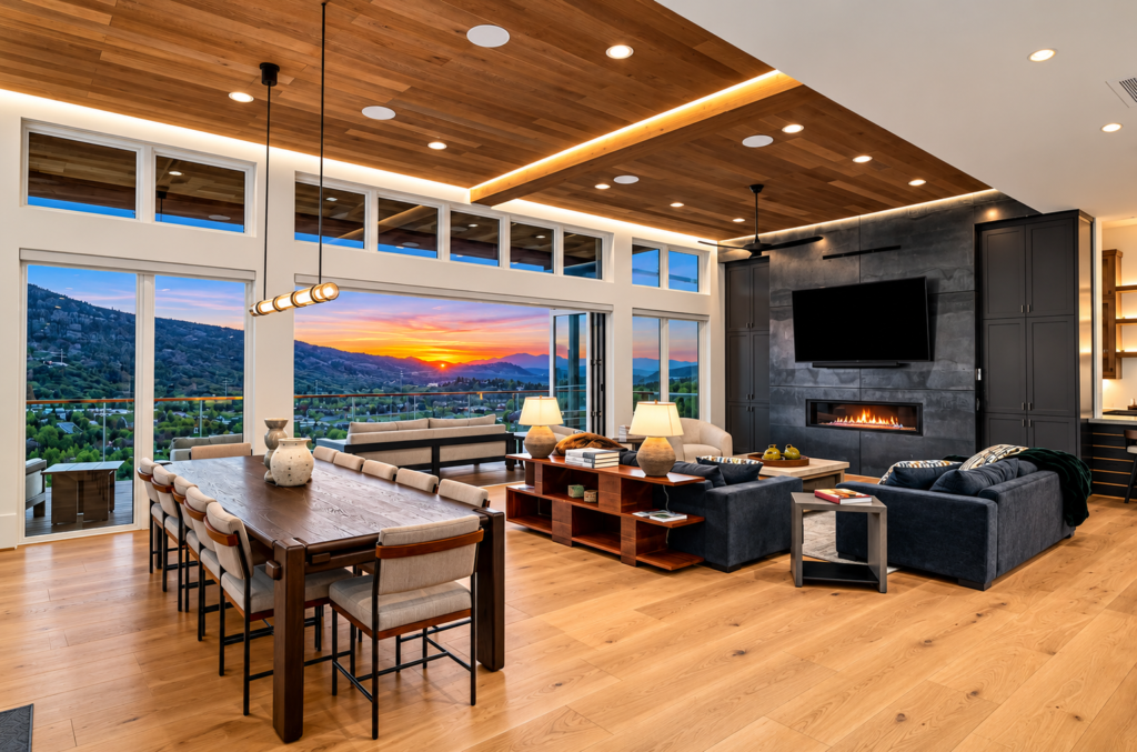Contemporary great room in a Steamboat Springs luxury residence featuring a wood ceiling, modern fireplace, open dining area, and expansive mountain-view windows.
