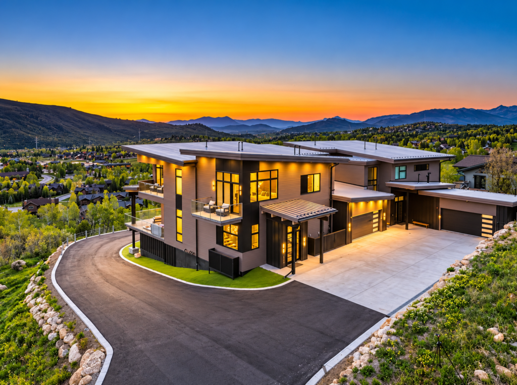 Aerial view of a modern luxury duplex in Steamboat Springs, Colorado, featuring flat roofs, contemporary architecture, and mountain views.
