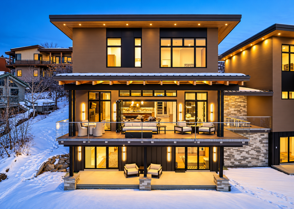 Rear elevation of a modern luxury duplex in Steamboat Springs, Colorado, featuring expansive glass balconies, contemporary flat roofs, and illuminated living spaces.