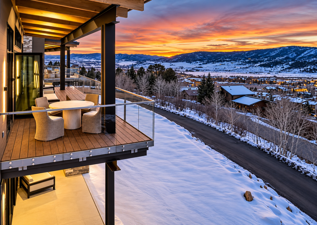 Covered balcony of a luxury home in Steamboat Springs, Colorado, featuring glass railings, outdoor seating, and panoramic views of the snow-covered valley at sunset.